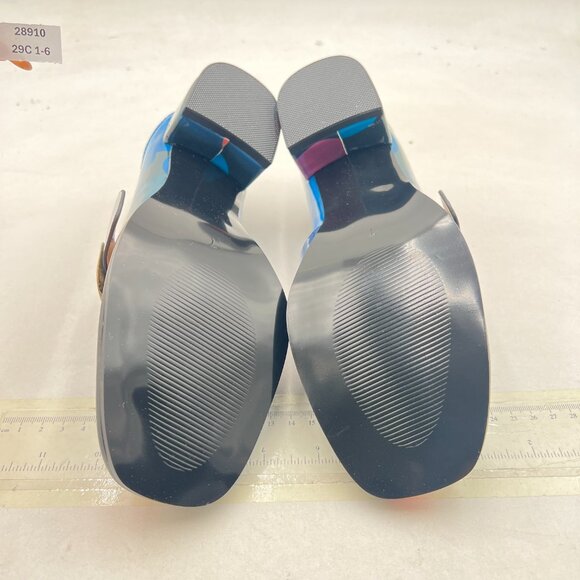 YDN Blue Print Polka Dot Square Toe Loafers Slip on Block Low Heel Buckle Pumps - Picture 7 of 8